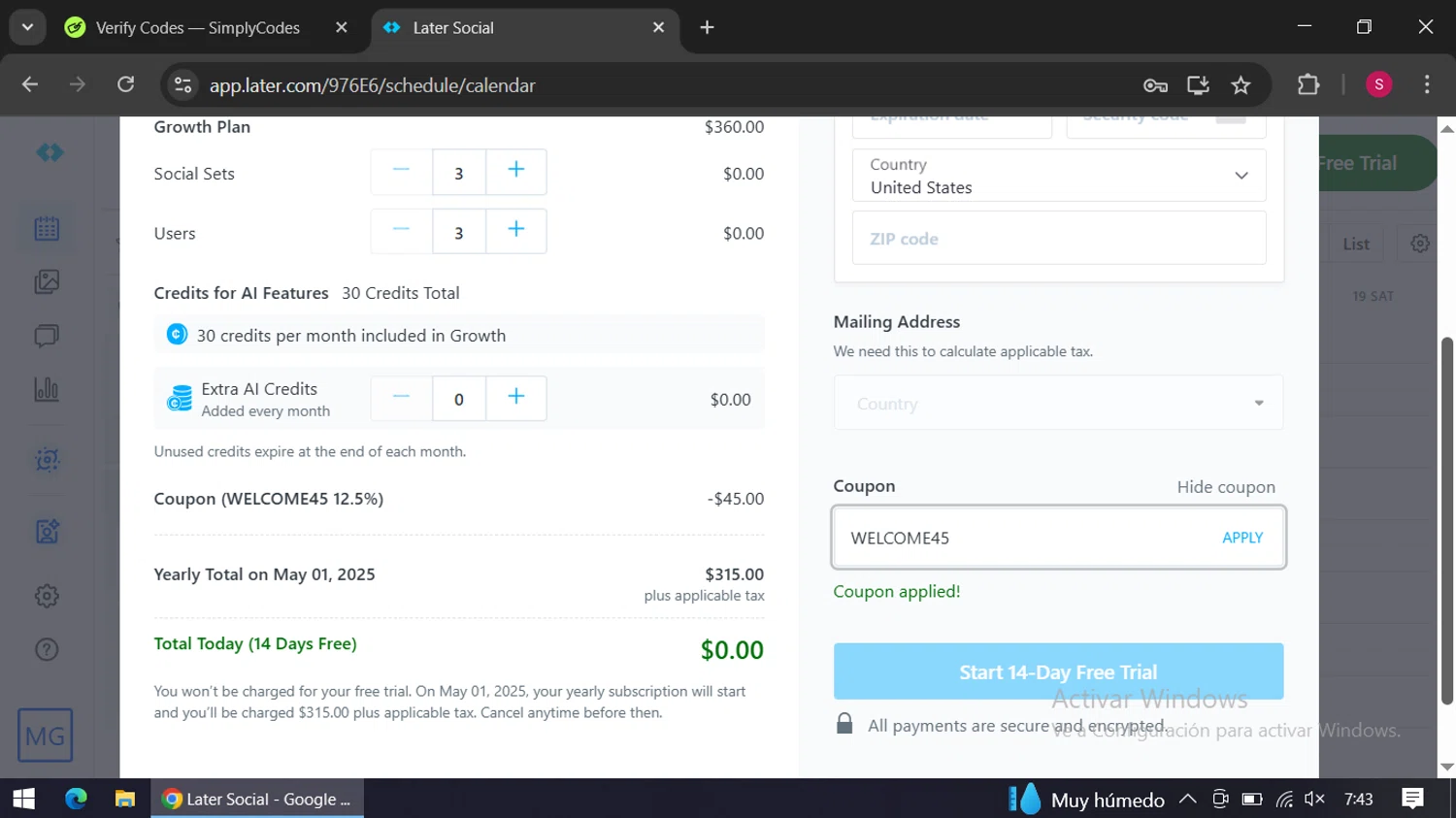 Later checkout page showing Later coupon code box | Screenshot taken by SimplyCodes community member on Apr 17, 2025