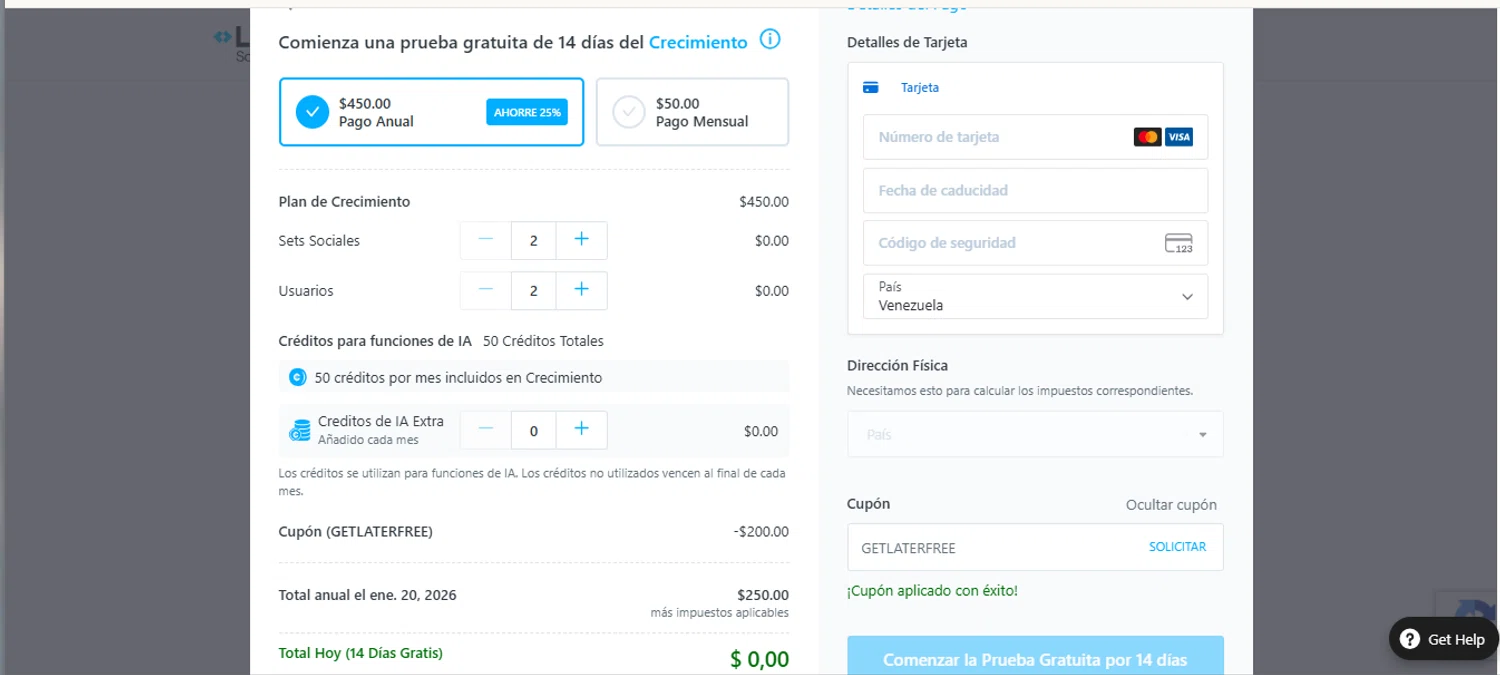 Later coupon code screenshot showing code GETLATERFREE applied at Later checkout page. Uploaded by SimplyCodes community member armalissolorzano1 on Jan 7, 2026