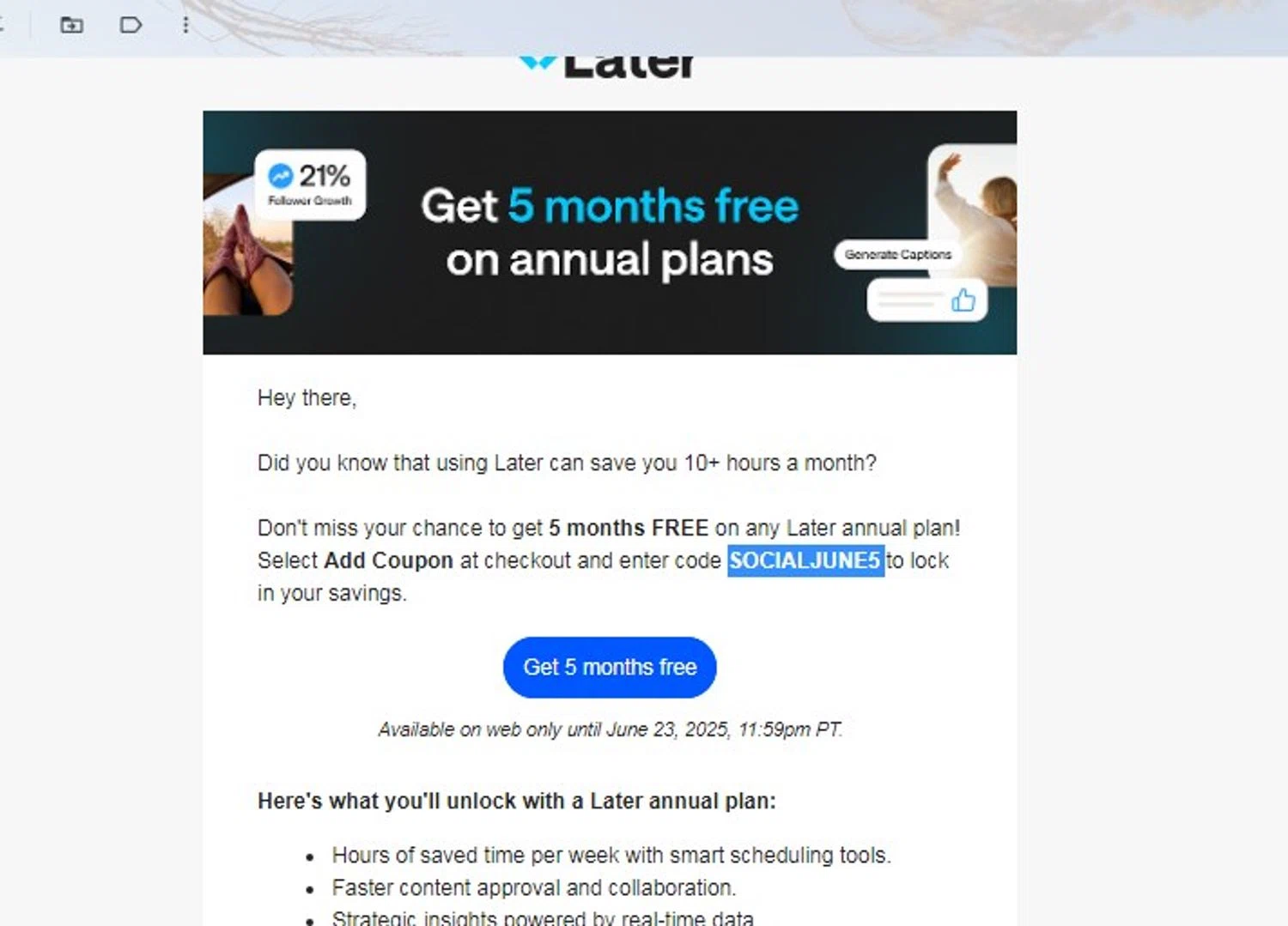 Later coupon code screenshot showing code SOCIALJUNE5 applied at Later checkout page. Uploaded by SimplyCodes community member yennifergonzalez on Jun 18, 2025