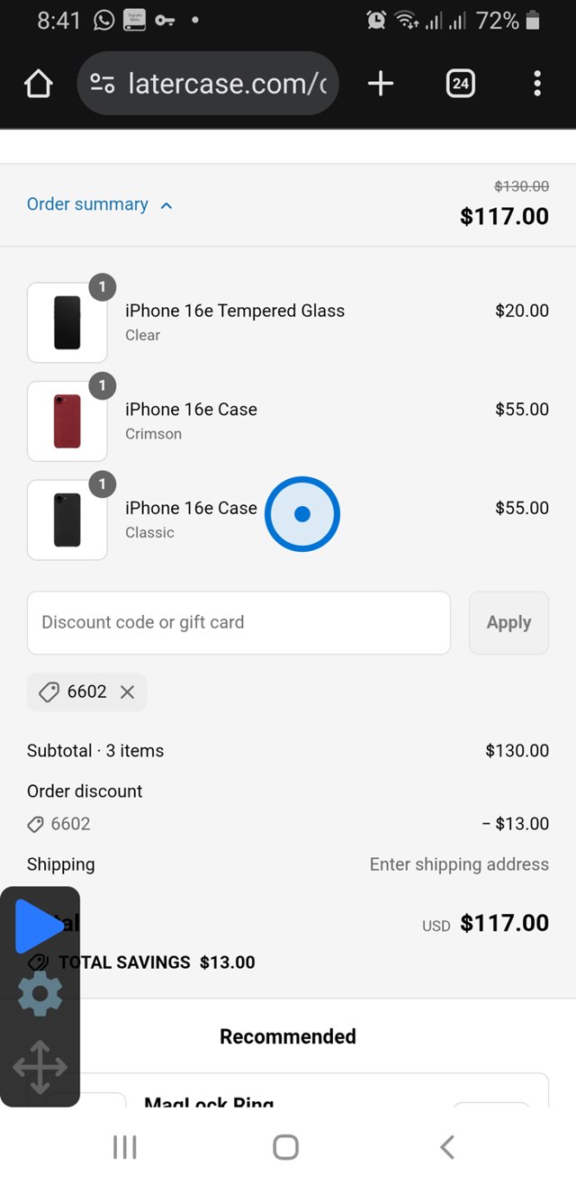Latercase checkout page showing Latercase discount code box | Screenshot taken by SimplyCodes community member on Aug 13, 2025
