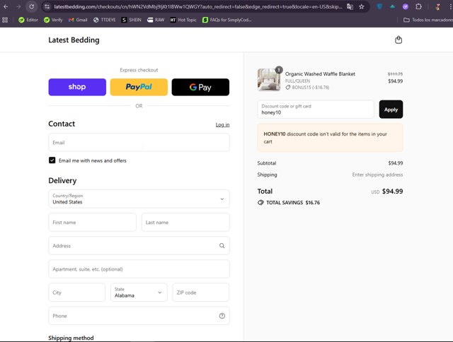 Latest Bedding checkout page showing Latest Bedding promo code box | Screenshot taken by SimplyCodes community member on Sep 2, 2025