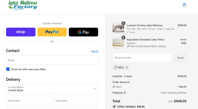 Latex Mattress Factory checkout page showing Latex Mattress Factory discount code box | Screenshot taken by SimplyCodes community member on Sep 3, 2025