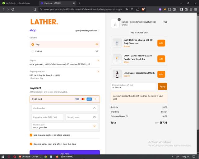 LATHER checkout page showing LATHER promo code box | Screenshot taken by SimplyCodes community member on Sep 15, 2025