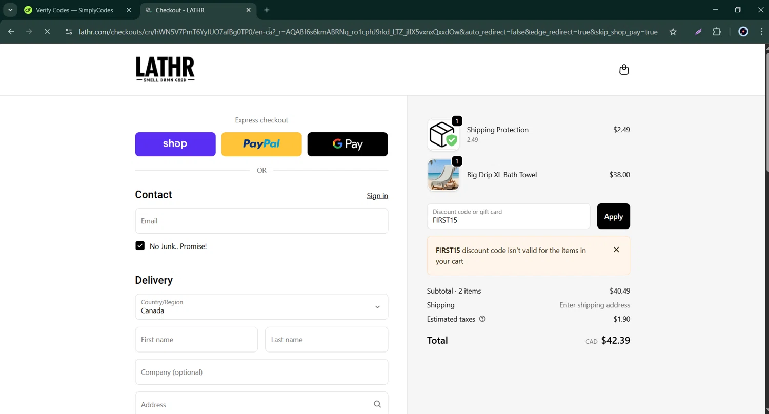 LATHR discount code screenshot showing code FIRST15 applied at LATHR checkout page. Uploaded by SimplyCodes community member Bernard_Lowe on Nov 20, 2025