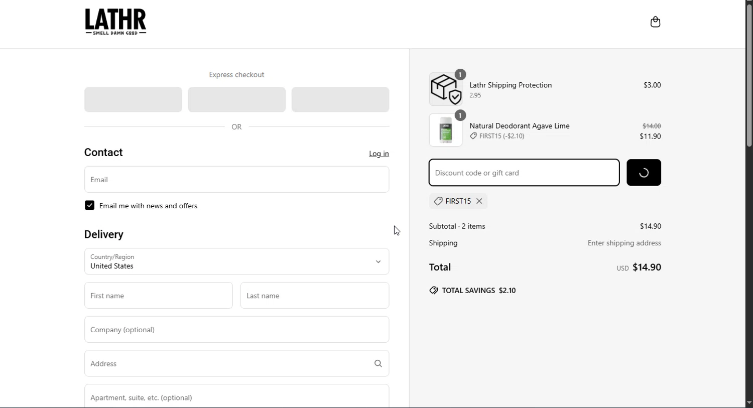 LATHR discount code screenshot showing code FIRST15 applied at LATHR checkout page. Uploaded by SimplyCodes community member Jsjsjsjsjsjsjs on Apr 20, 2025