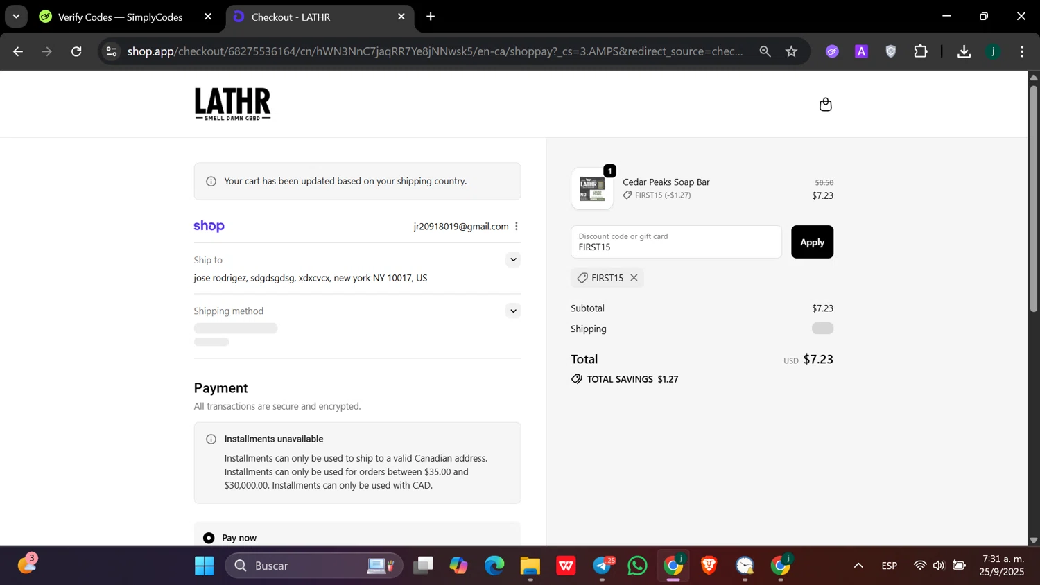 LATHR discount code screenshot showing code FIRST15 applied at LATHR checkout page. Uploaded by SimplyCodes community member hanzell03 on Sep 25, 2025