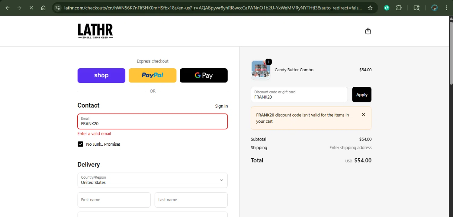 LATHR discount code screenshot showing code FRANK20 applied at LATHR checkout page. Uploaded by SimplyCodes community member MariaCorinaMachado on Nov 9, 2025