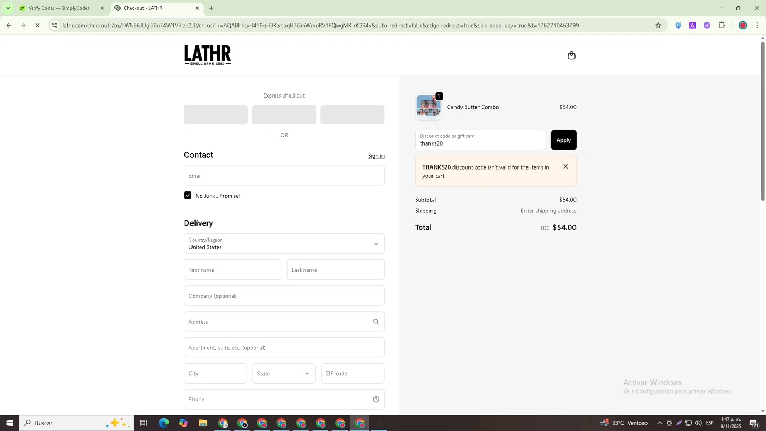 LATHR discount code screenshot showing code thanks20 applied at LATHR checkout page. Uploaded by SimplyCodes community member David_Garcia on Nov 9, 2025