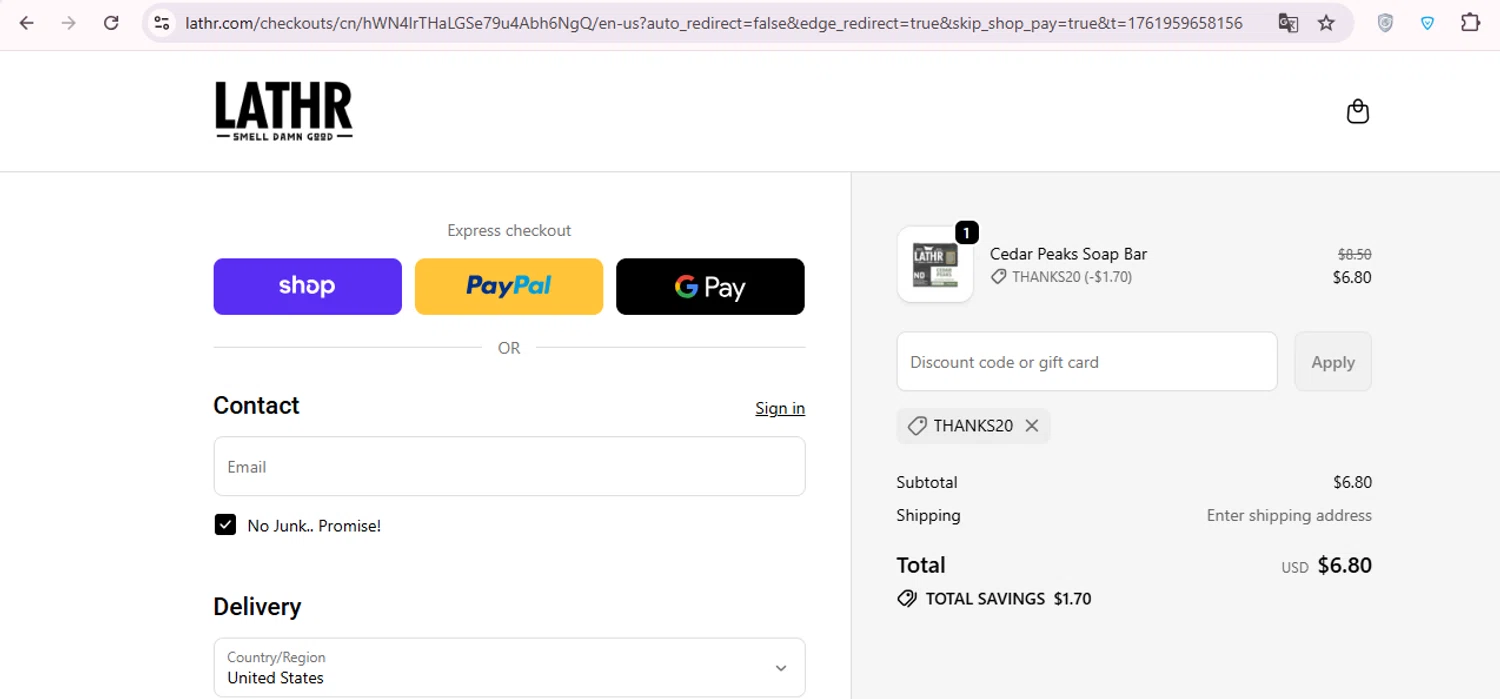 LATHR discount code screenshot showing code thanks20 applied at LATHR checkout page. Uploaded by SimplyCodes community member carol_lameda on Nov 1, 2025