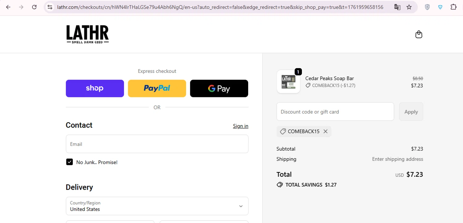 LATHR discount code screenshot showing code comeback15 applied at LATHR checkout page. Uploaded by SimplyCodes community member carol_lameda on Nov 1, 2025