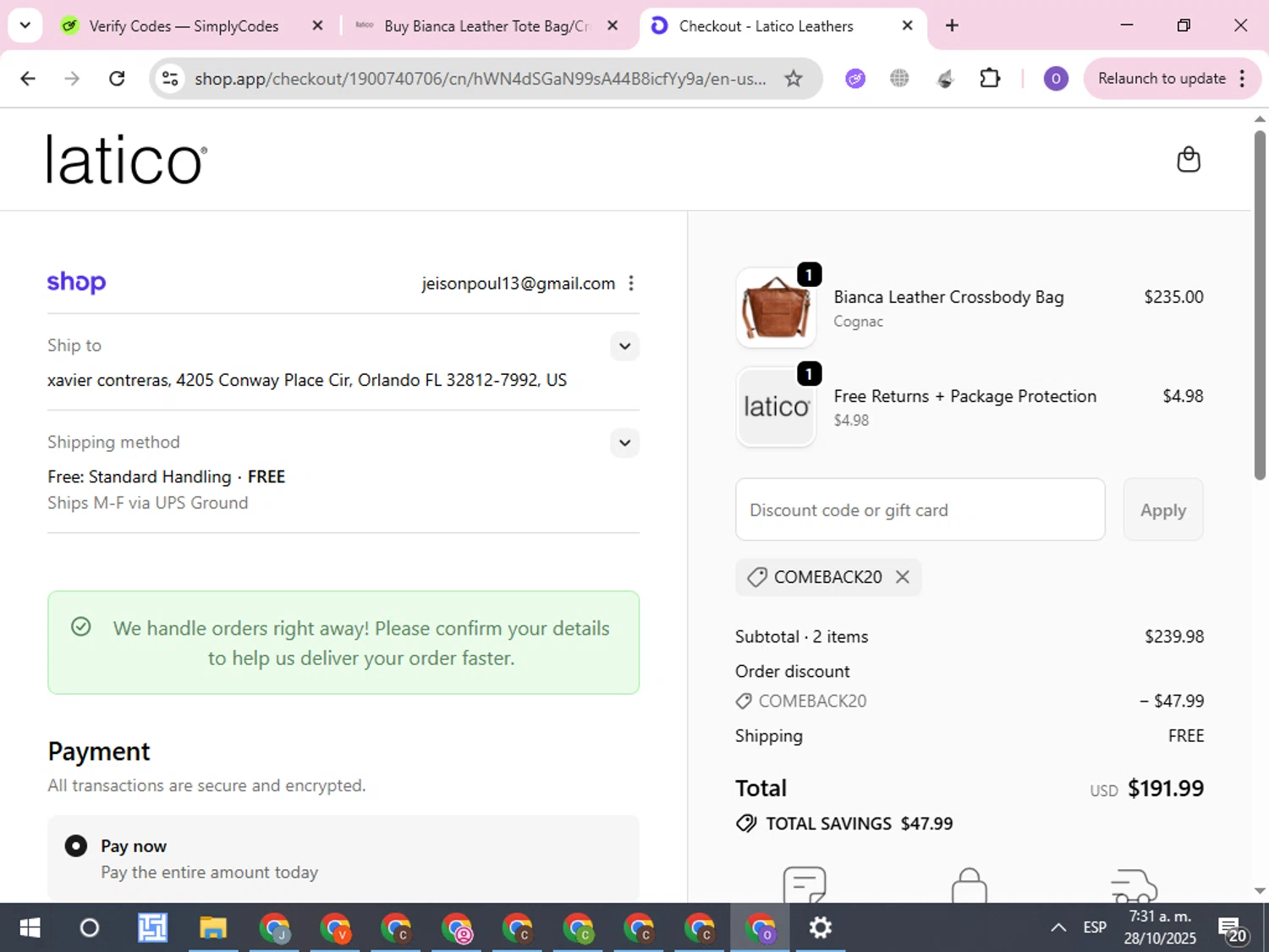 Latico Leathers discount code screenshot showing code COMEBACK20 applied at Latico Leathers checkout page. Uploaded by SimplyCodes community member CleverLynx8245 on Oct 28, 2025