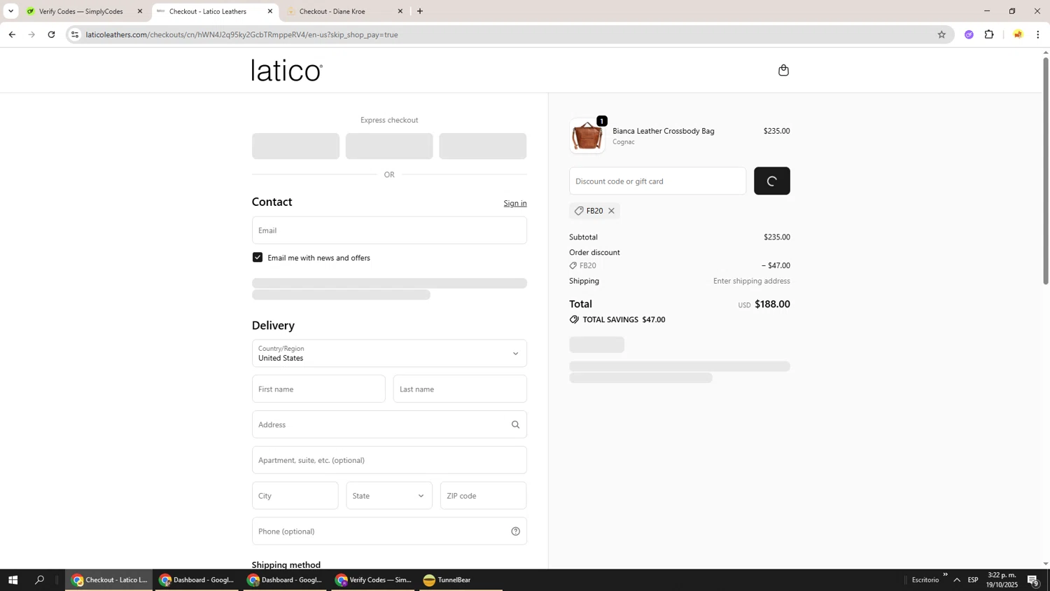 Latico Leathers discount code screenshot showing code FB20 applied at Latico Leathers checkout page. Uploaded by SimplyCodes community member Richard251 on Oct 19, 2025
