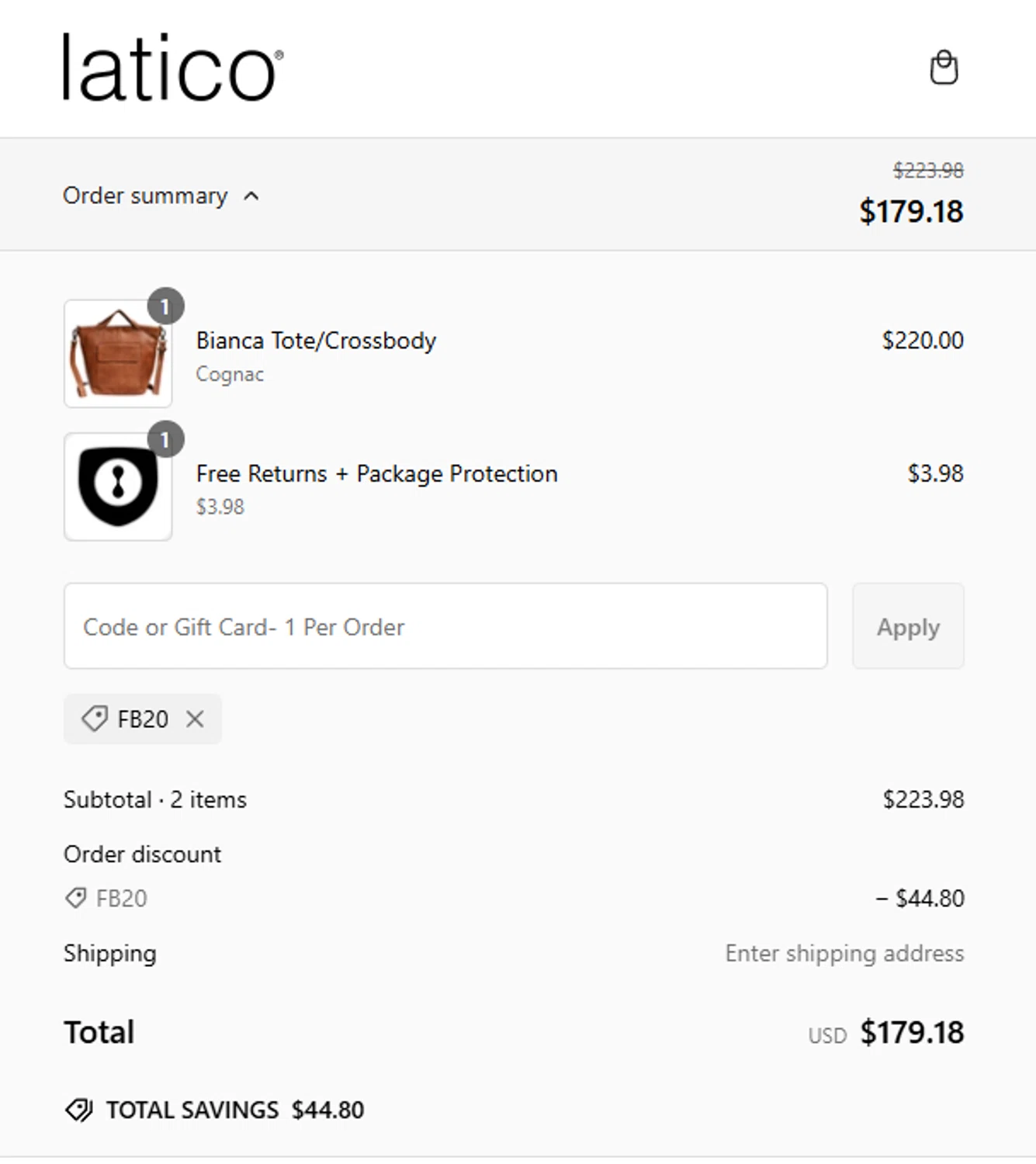 Latico Leathers discount code screenshot showing code FB20 applied at Latico Leathers checkout page. Uploaded by SimplyCodes community member cuticula on Feb 22, 2025
