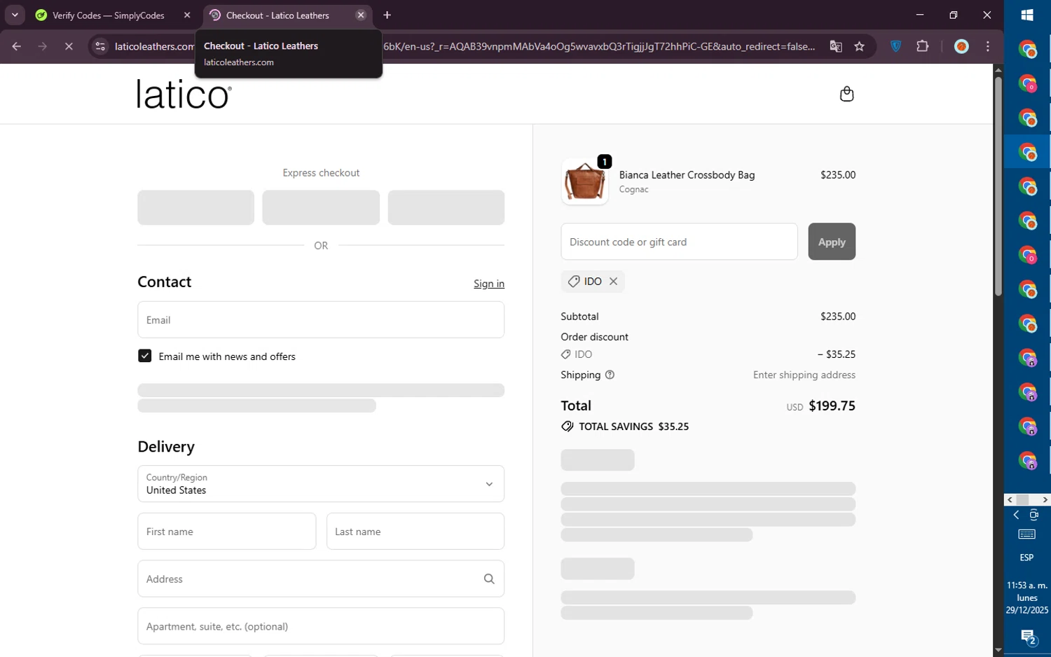 Latico Leathers checkout page showing Latico Leathers discount code box | Screenshot taken by SimplyCodes community member on Dec 29, 2025