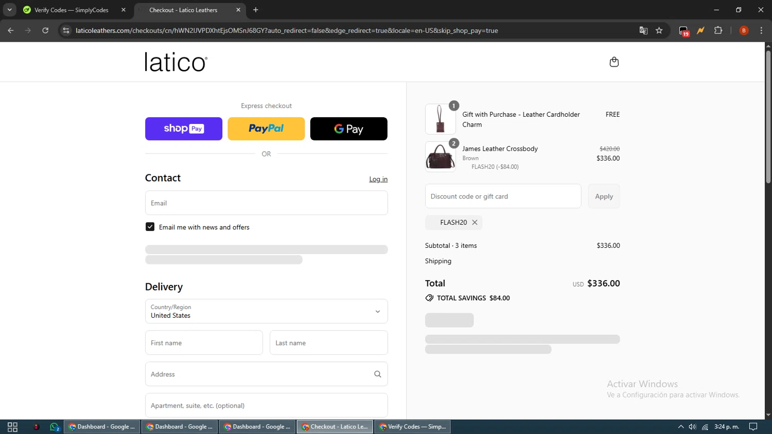 Latico Leathers discount code screenshot showing code FLASH20 applied at Latico Leathers checkout page. Uploaded by SimplyCodes community member BrilliantLynx7174 on Aug 27, 2025