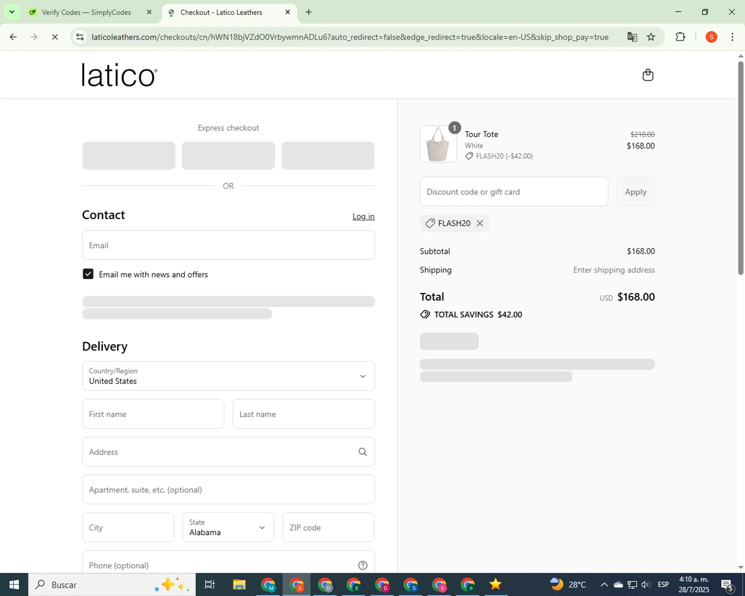 Latico Leathers discount code screenshot showing code FLASH20 applied at Latico Leathers checkout page. Uploaded by SimplyCodes community member CrownBoss9623 on Jul 28, 2025