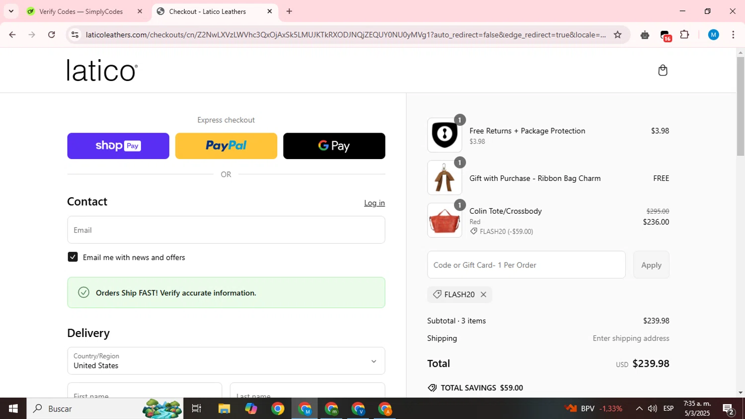 Latico Leathers discount code screenshot showing code FLASH20 applied at Latico Leathers checkout page. Uploaded by SimplyCodes community member LegendaryCurator1585 on Mar 5, 2025