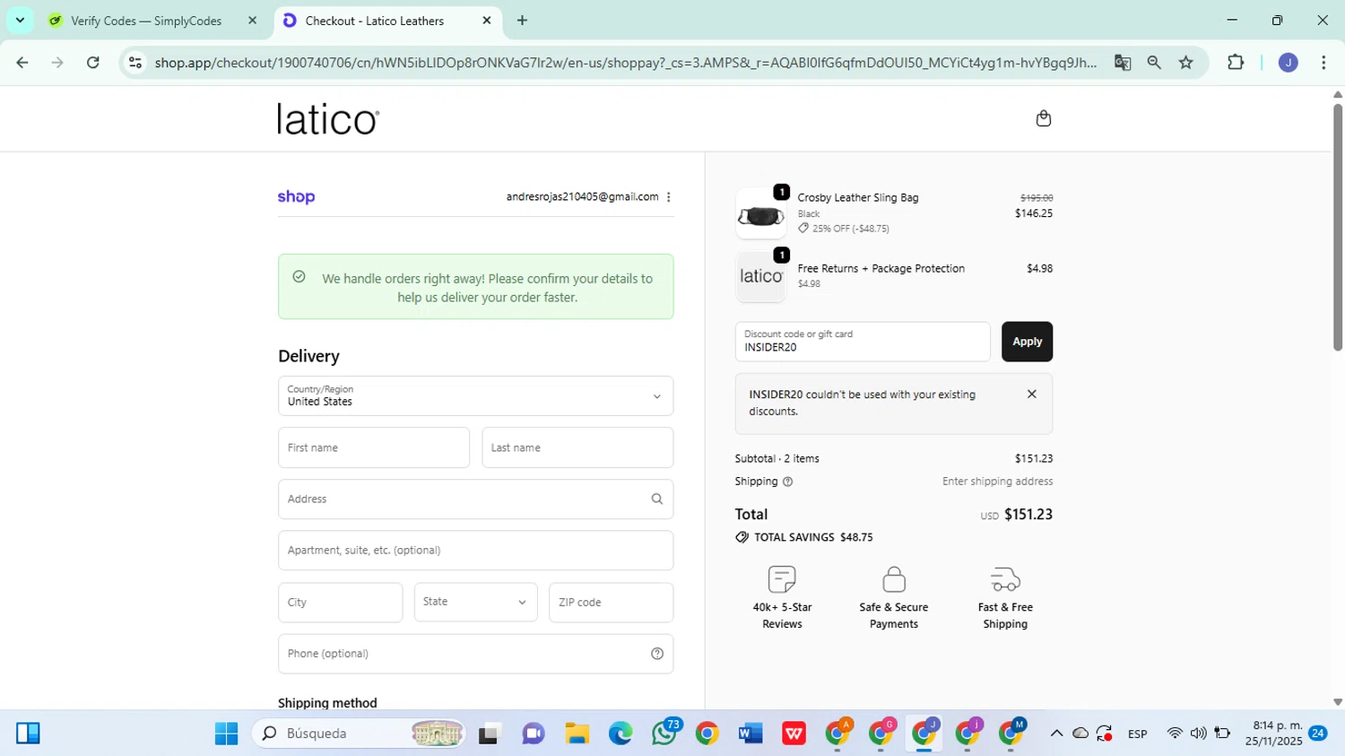 Latico Leathers discount code screenshot showing code INSIDER20 applied at Latico Leathers checkout page. Uploaded by SimplyCodes community member DiscountSleuth6807 on Nov 26, 2025