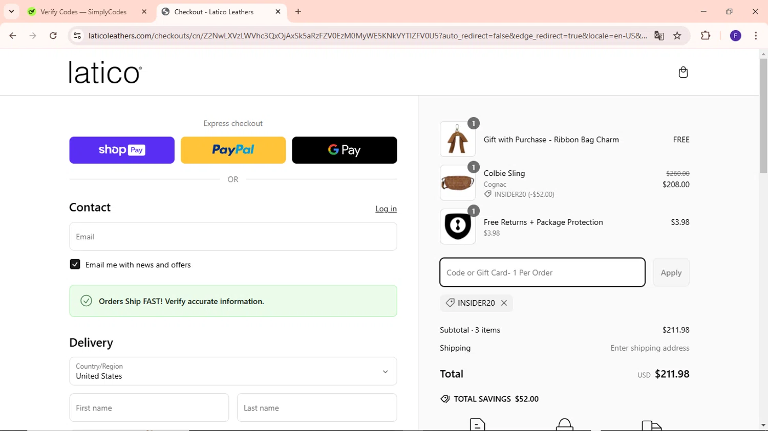 Latico Leathers discount code screenshot showing code INSIDER20 applied at Latico Leathers checkout page. Uploaded by SimplyCodes community member MightyCaptain635 on Mar 10, 2025