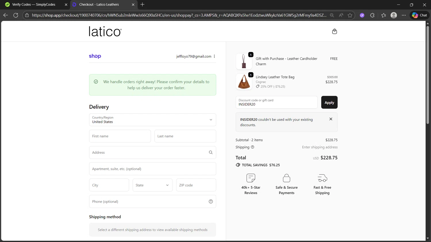 Latico Leathers discount code screenshot showing code INSIDER20 applied at Latico Leathers checkout page. Uploaded by SimplyCodes community member dragonjeffer_93a9 on Dec 1, 2025