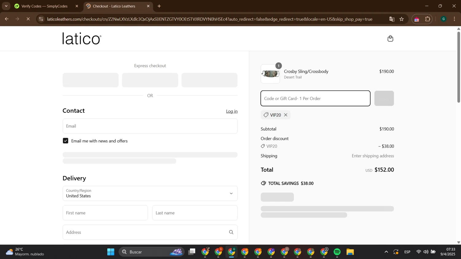 Latico Leathers discount code screenshot showing code VIP20 applied at Latico Leathers checkout page. Uploaded by SimplyCodes community member ThriftyTitan786 on Apr 9, 2025