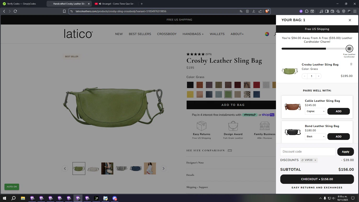 Latico Leathers discount code screenshot showing code VIP20 applied at Latico Leathers checkout page. Uploaded by SimplyCodes community member eeeeeeeeeeeeeeeeeeeeee on Nov 10, 2025