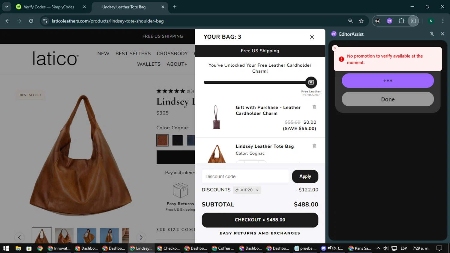 Latico Leathers discount code screenshot showing code VIP20 applied at Latico Leathers checkout page. Uploaded by SimplyCodes community member nataaokiiii on Nov 4, 2025