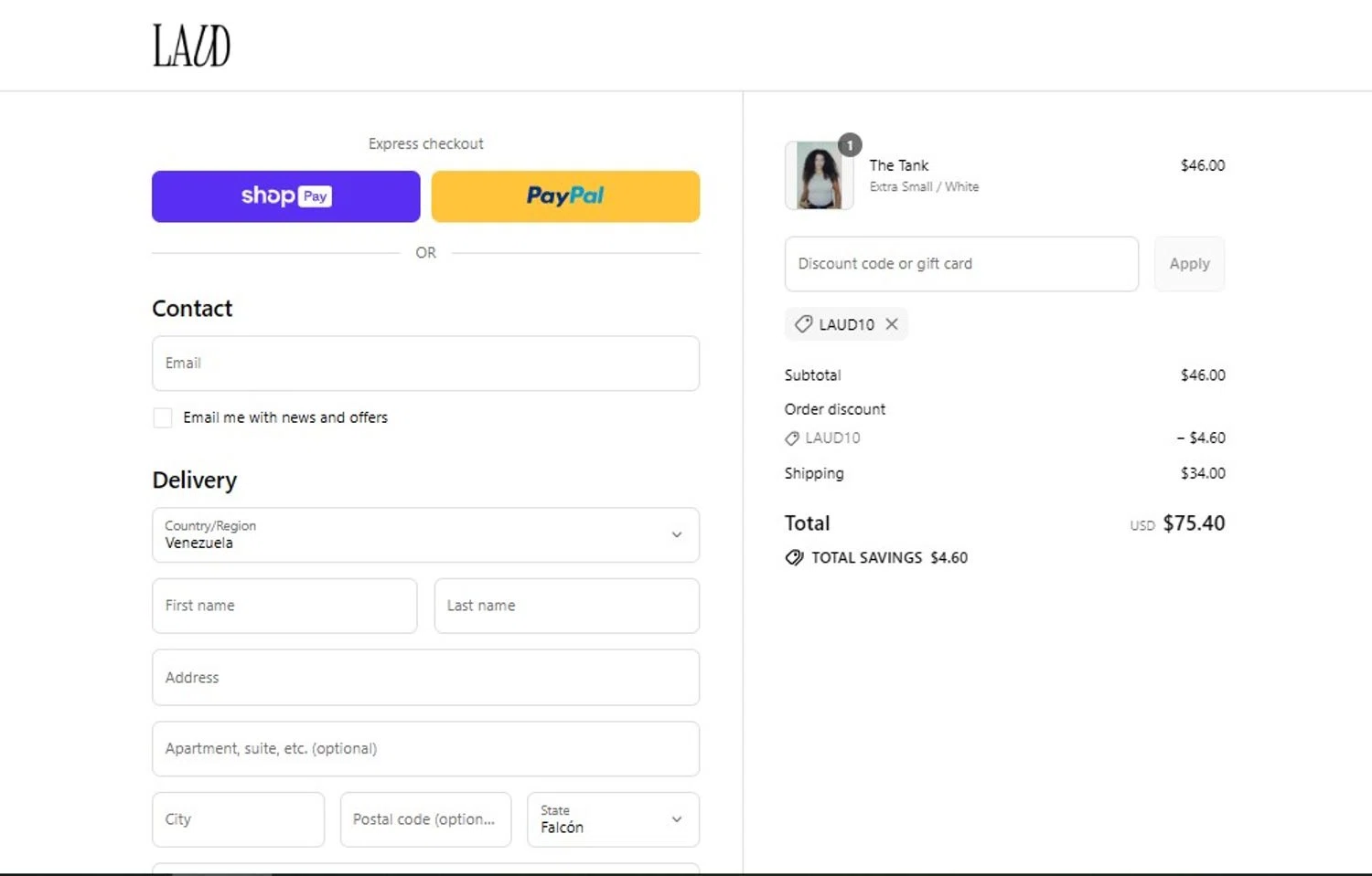 Laud Clothing promo code screenshot showing code LAUD10 applied at Laud Clothing checkout page. Uploaded by SimplyCodes community member PennyHero5335 on Jul 27, 2025