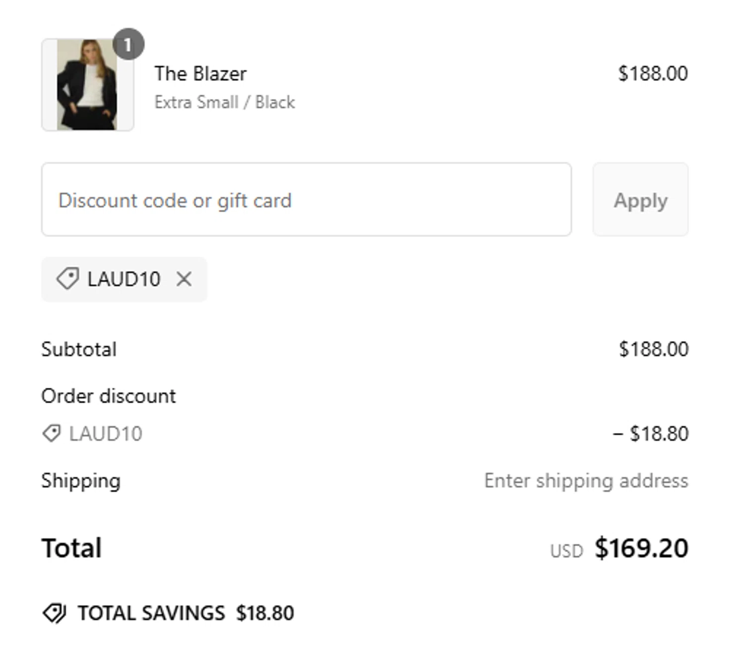 Laud Clothing promo code screenshot showing code LAUD10 applied at Laud Clothing checkout page. Uploaded by SimplyCodes community member RebatePilot8693 on Feb 1, 2025
