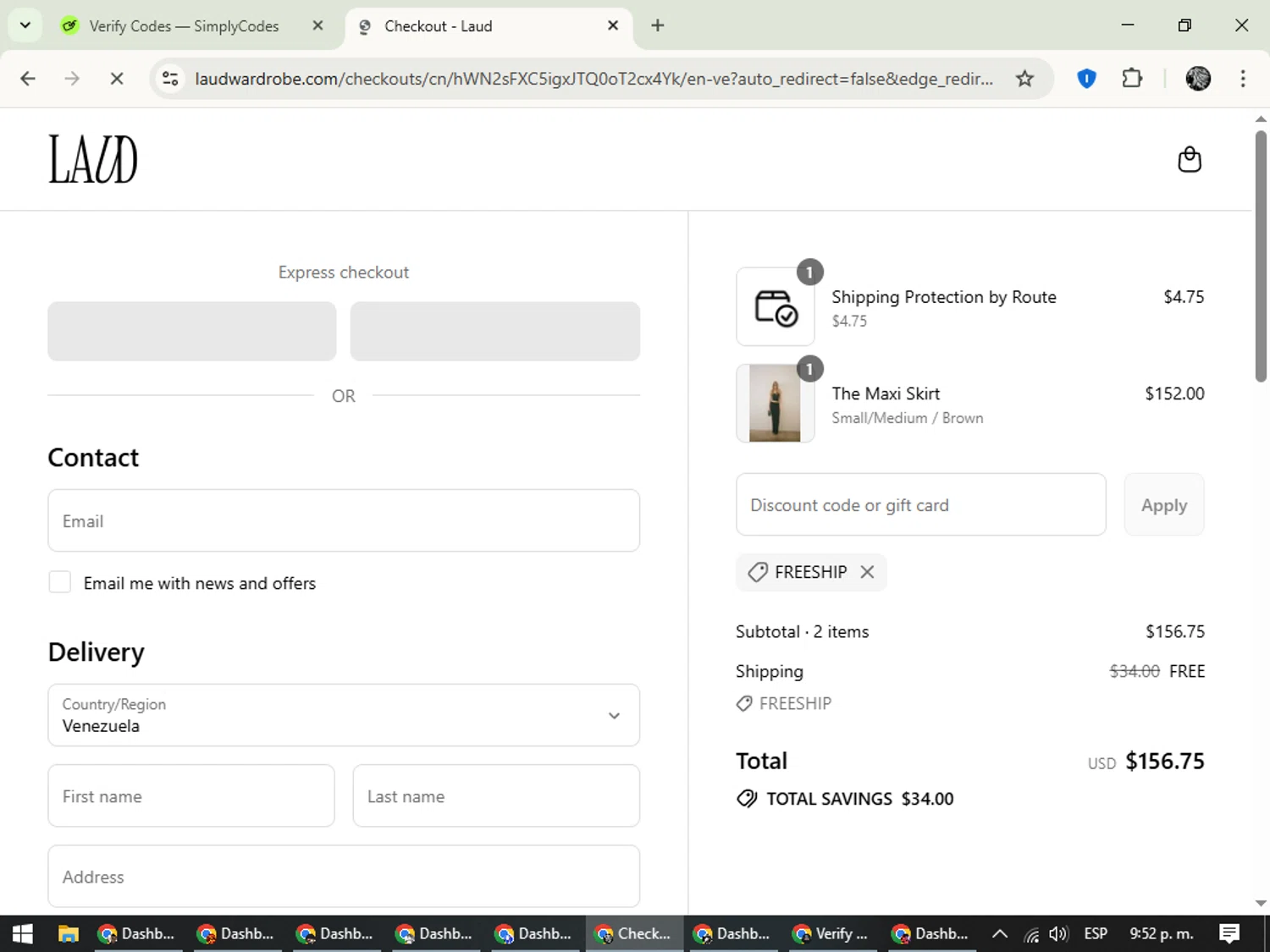 Laud Clothing promo code screenshot showing code FREESHIP applied at Laud Clothing checkout page. Uploaded by SimplyCodes community member PrimeKnight6101 on Sep 12, 2025