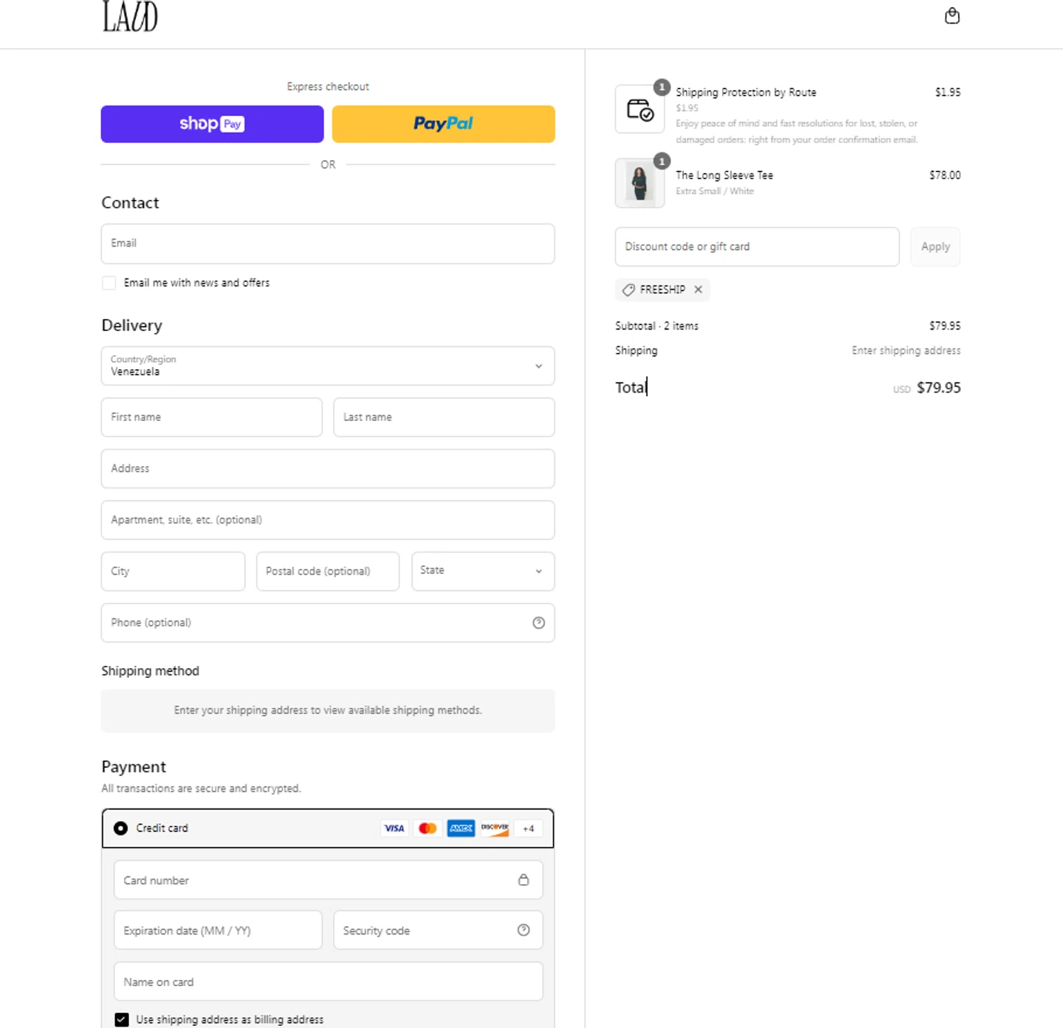 Laud Clothing promo code screenshot showing code FREESHIP applied at Laud Clothing checkout page. Uploaded by SimplyCodes community member Yonaikeryriarte08 on Mar 31, 2025