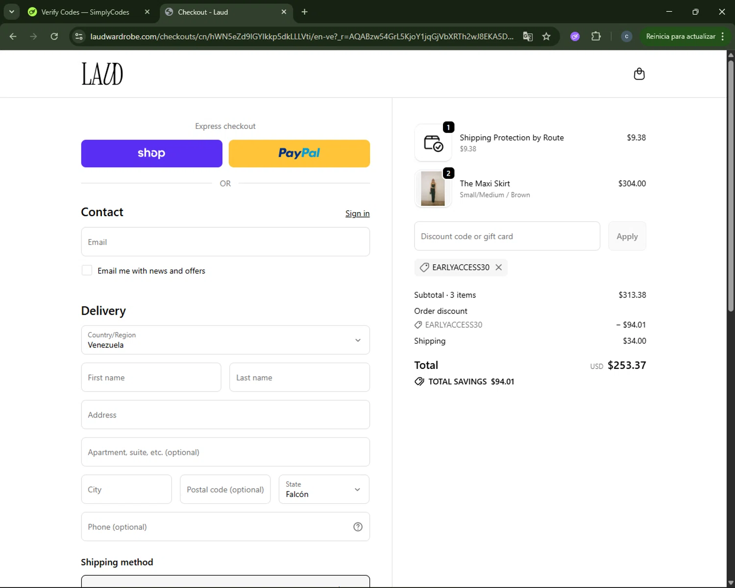 Laud Clothing promo code screenshot showing code EARLYACCESS30 applied at Laud Clothing checkout page. Uploaded by SimplyCodes community member CouponAce2971 on Nov 24, 2025