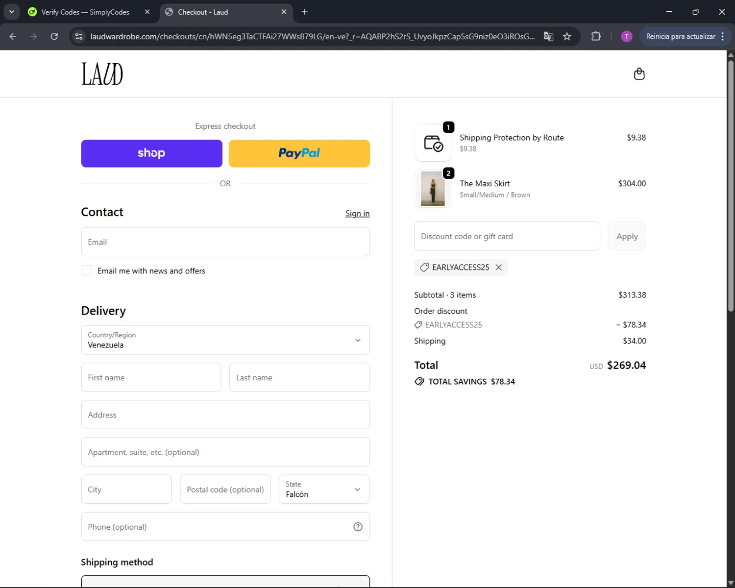 Laud Clothing promo code screenshot showing code EARLYACCESS25 applied at Laud Clothing checkout page. Uploaded by SimplyCodes community member CleverFinder9623 on Nov 24, 2025