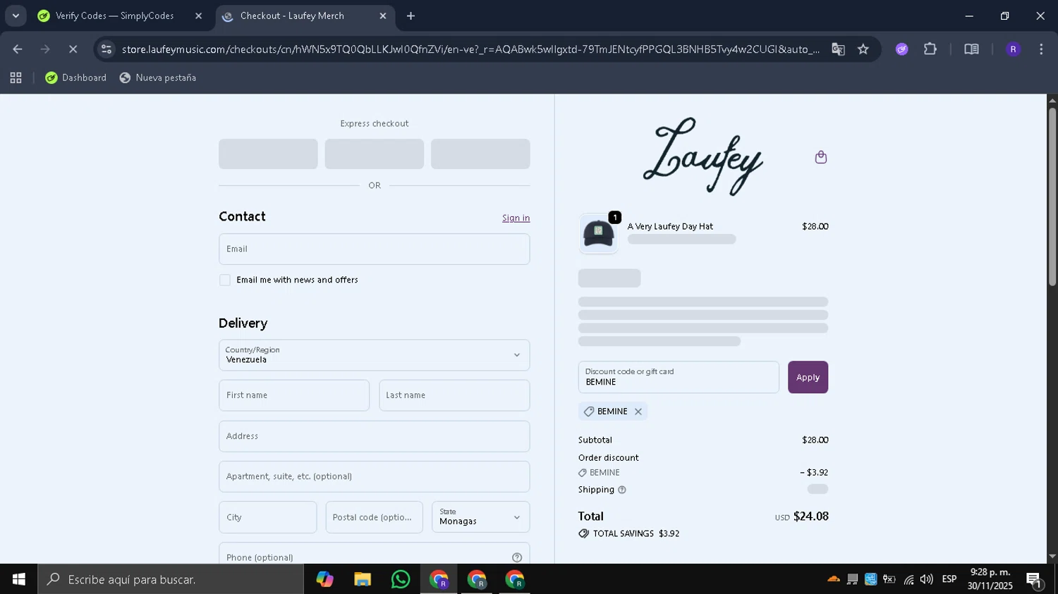 Laufey Merch discount code screenshot showing code BEMINE applied at Laufey Merch checkout page. Uploaded by SimplyCodes community member Mykeusername on Dec 2, 2025