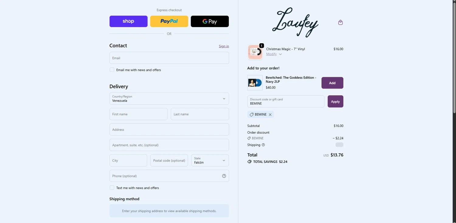 Laufey Merch discount code screenshot showing code BEMINE applied at Laufey Merch checkout page. Uploaded by SimplyCodes community member ValueGenius9720 on Dec 10, 2025
