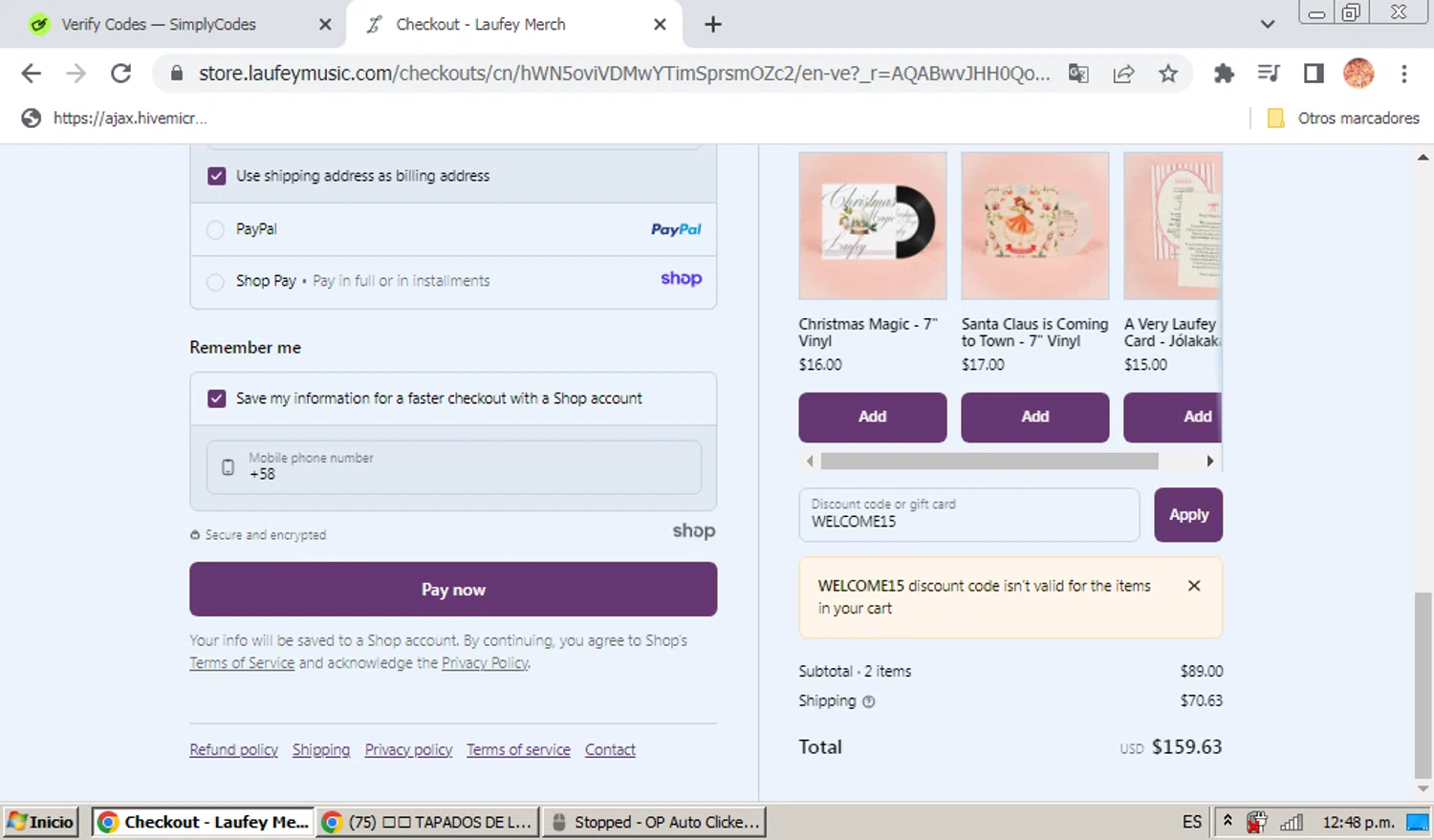Laufey Merch discount code screenshot showing code WELCOME15 applied at Laufey Merch checkout page. Uploaded by SimplyCodes community member hectordiaz on Nov 28, 2025