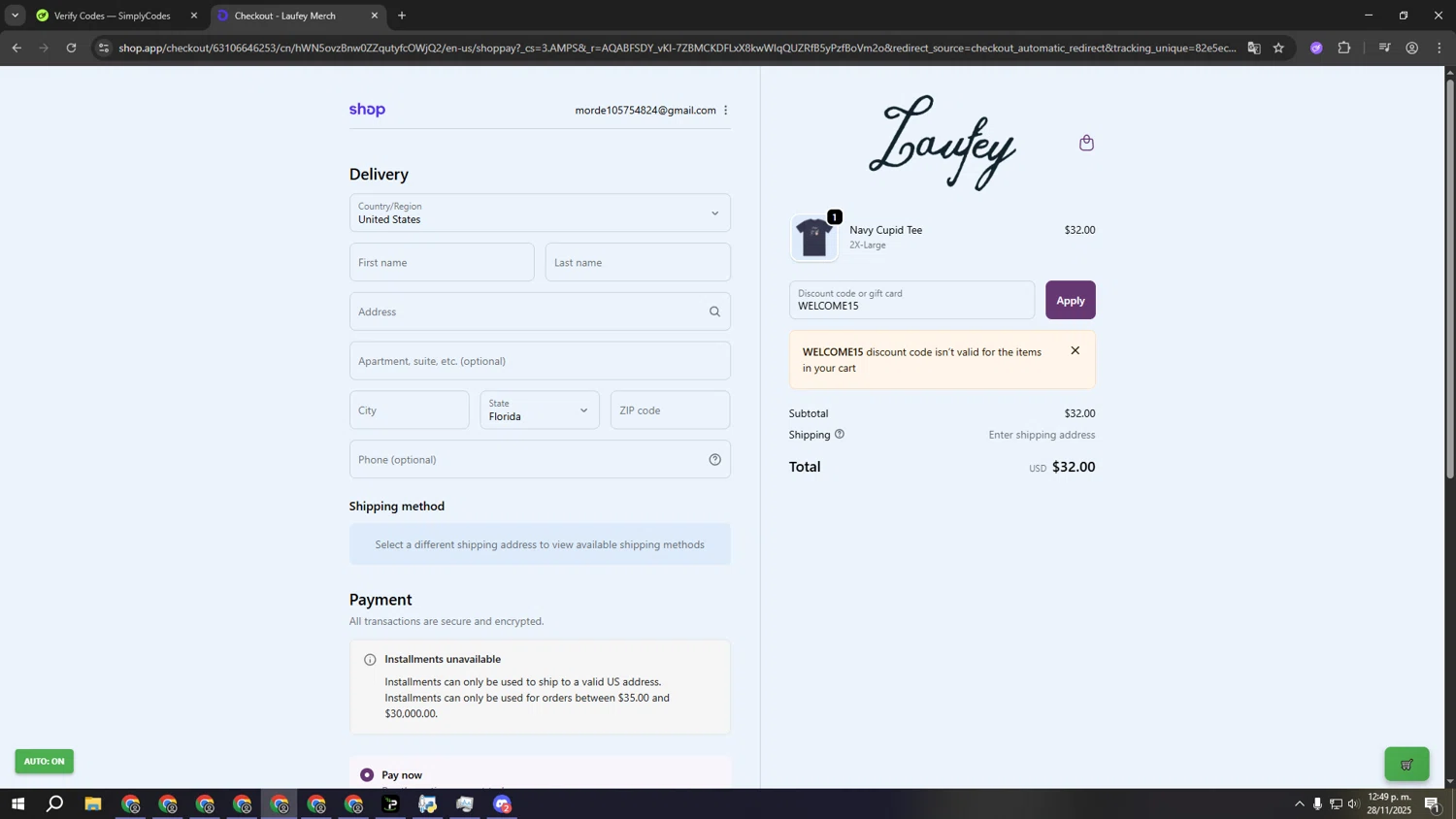 Laufey Merch discount code screenshot showing code WELCOME15 applied at Laufey Merch checkout page. Uploaded by SimplyCodes community member sssssssssssssssssss on Nov 28, 2025