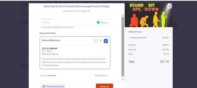 Laugh Factory checkout page showing Laugh Factory promo code box | Screenshot taken by SimplyCodes community member on Feb 27, 2023