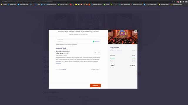 Laugh Factory checkout page showing Laugh Factory promo code box | Screenshot taken by SimplyCodes community member on Nov 26, 2022