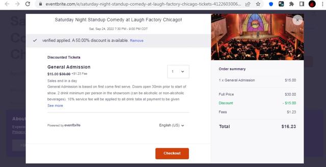 Laugh Factory checkout page showing Laugh Factory promo code box | Screenshot taken by SimplyCodes community member on Sep 23, 2022