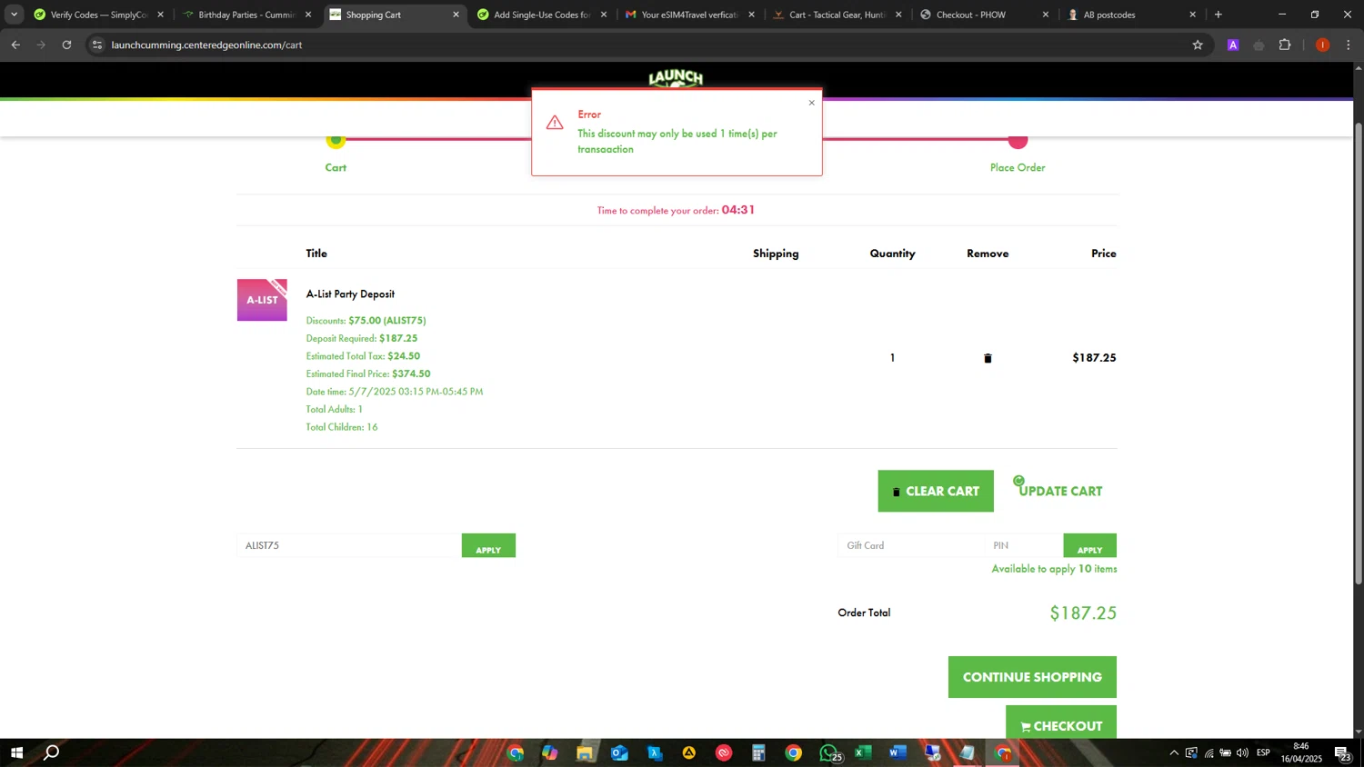 Launch Trampoline Park promo code screenshot showing code ALIST75 applied at Launch Trampoline Park checkout page. Uploaded by SimplyCodes community member CORINITAI on Apr 16, 2025