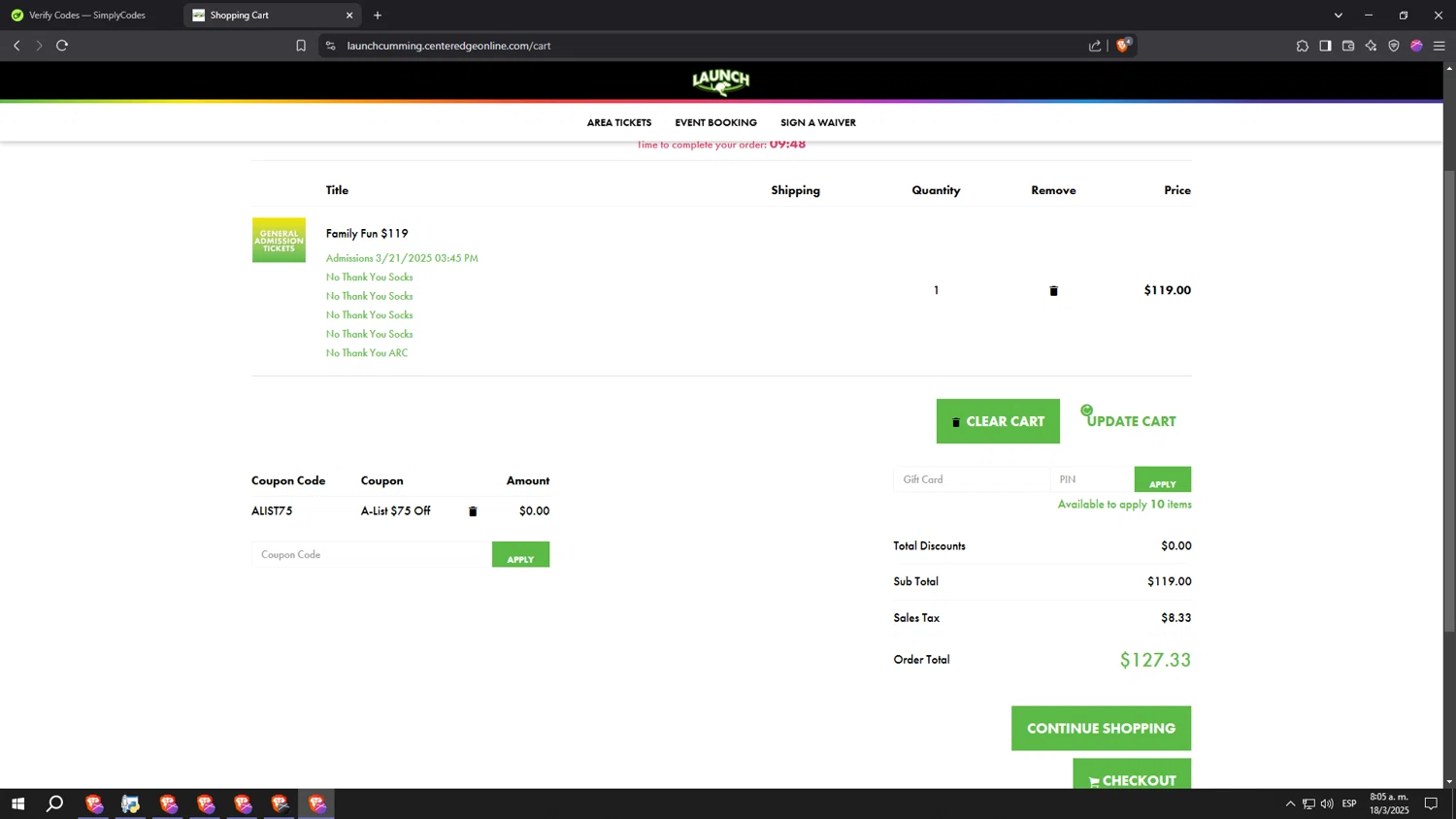 Launch Trampoline Park promo code screenshot showing code ALIST75 applied at Launch Trampoline Park checkout page. Uploaded by SimplyCodes community member fffffffffffffffffff on Mar 18, 2025
