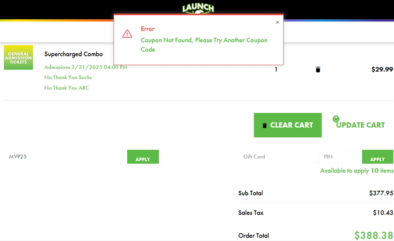 Launch Trampoline Park promo code screenshot showing code MVP25 applied at Launch Trampoline Park checkout page. Uploaded by SimplyCodes community member GloriousCollector9521 on Mar 20, 2025