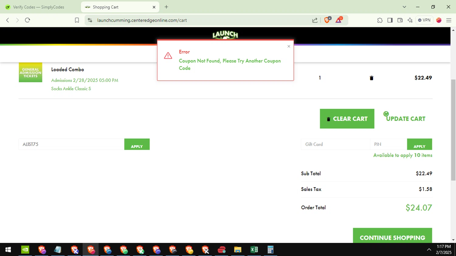 Launch Trampoline Park promo code screenshot showing code ALlST75 applied at Launch Trampoline Park checkout page. Uploaded by SimplyCodes community member ValueFox5508 on Feb 7, 2025