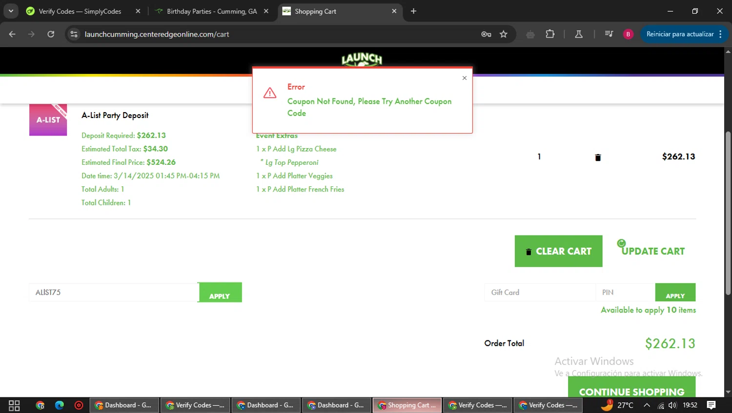 Launch Trampoline Park promo code screenshot showing code ALlST75 applied at Launch Trampoline Park checkout page. Uploaded by SimplyCodes community member SwiftSage1747 on Mar 13, 2025