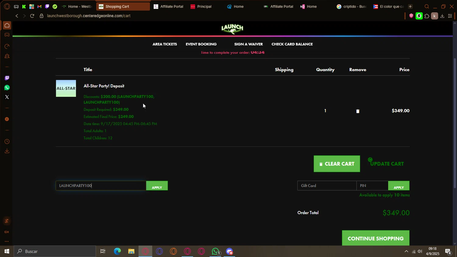 Launch Trampoline Park promo code screenshot showing code LAUNCHPARTY100 applied at Launch Trampoline Park checkout page. Uploaded by SimplyCodes community member Gon_Freecss on Sep 4, 2025