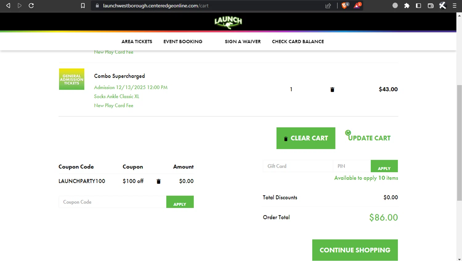 Launch Trampoline Park promo code screenshot showing code LAUNCHPARTY100 applied at Launch Trampoline Park checkout page. Uploaded by SimplyCodes community member l2994552451687 on Nov 9, 2025