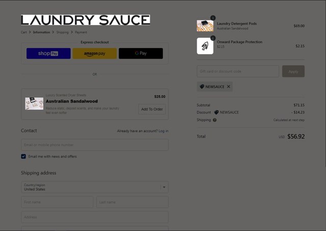 Laundry Sauce checkout page showing Laundry Sauce discount code box | Screenshot taken by SimplyCodes community member on Jul 5, 2023