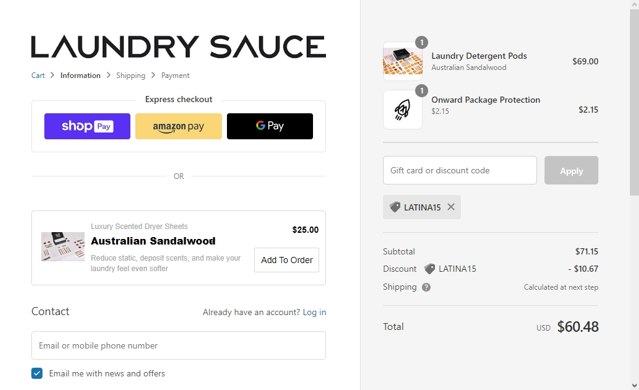 Laundry Sauce checkout page showing Laundry Sauce discount code box | Screenshot taken by SimplyCodes community member on Jul 24, 2023