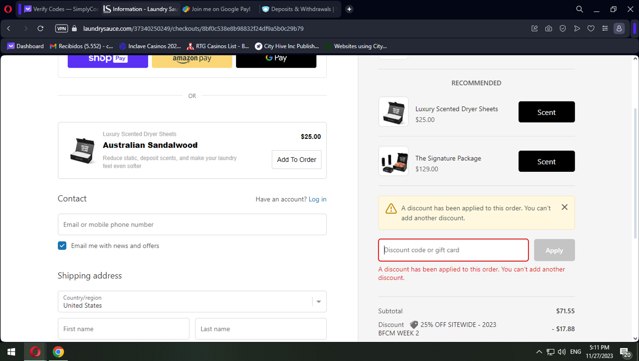 Laundry Sauce checkout page showing Laundry Sauce discount code box | Screenshot taken by SimplyCodes community member on Nov 27, 2023